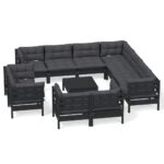 12-Piece Garden Lounge Set with Cushions Black Pine Wood Outdoor Patio Furniture