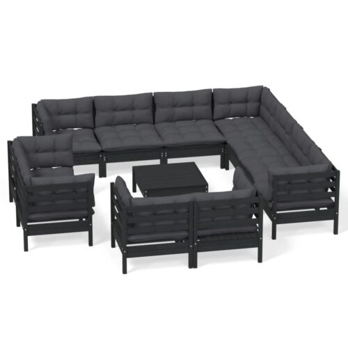 12-Piece Garden Lounge Set with Cushions Black Pine Wood Outdoor Patio Furniture
