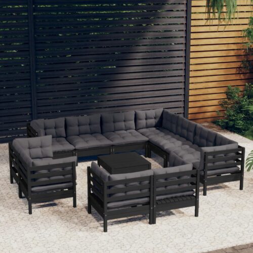 12-Piece Garden Lounge Set with Cushions Black Pine Wood Outdoor Patio Furniture - Image 2