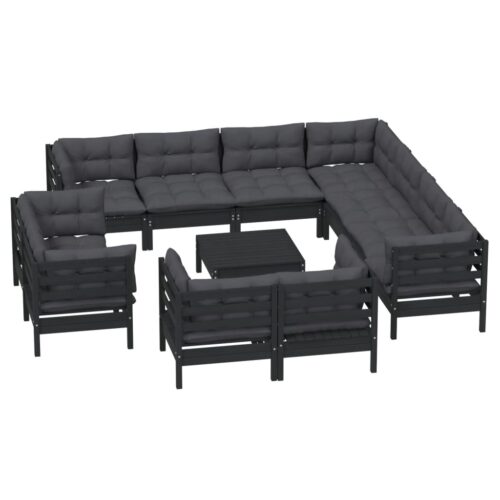 12-Piece Garden Lounge Set with Cushions Black Pine Wood Outdoor Patio Furniture - Image 3