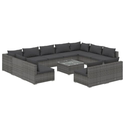 12-Piece Garden Lounge Set with Cushions Grey Poly Rattan Wicker Outdoor Patio Furniture