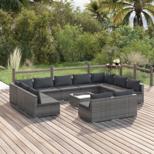 12-Piece Garden Lounge Set with Cushions Grey Poly Rattan Wicker Outdoor Patio Furniture - Image 2