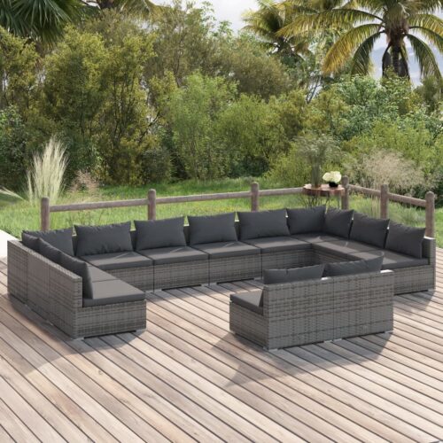 12-Piece Garden Lounge Set with Cushions Grey Poly Rattan Wicker Outdoor Patio Furniture - Image 2