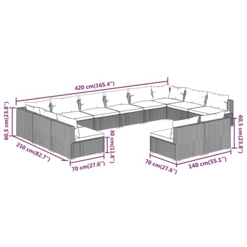 12-Piece Garden Lounge Set with Cushions Grey Poly Rattan Wicker Outdoor Patio Furniture - Image 7