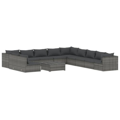 12-Piece Garden Lounge Set with Cushions Grey Poly Rattan Wicker Outdoor Patio Furniture