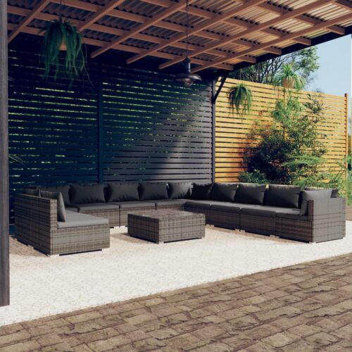 12-Piece Garden Lounge Set with Cushions Grey Poly Rattan Wicker Outdoor Patio Furniture - Image 2