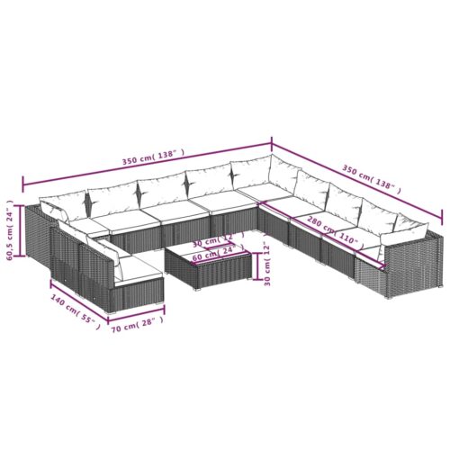 12-Piece Garden Lounge Set with Cushions Grey Poly Rattan Wicker Outdoor Patio Furniture - Image 6