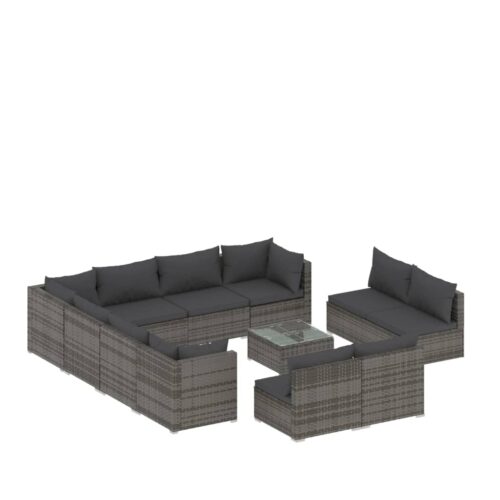 12-Piece Garden Lounge Set with Cushions Grey Poly Rattan Wicker Outdoor Patio Furniture