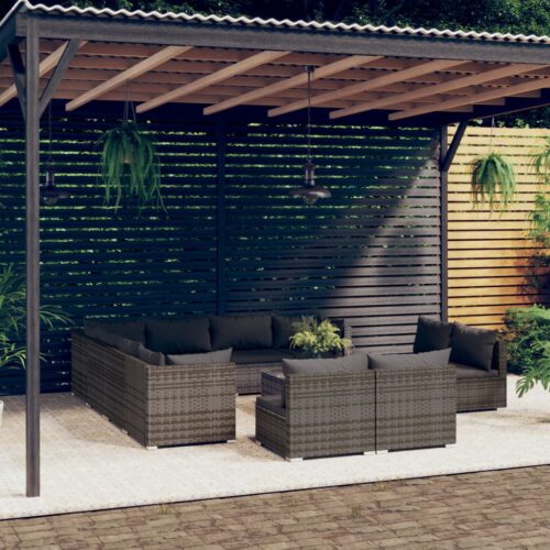 12-Piece Garden Lounge Set with Cushions Grey Poly Rattan Wicker Outdoor Patio Furniture - Image 2