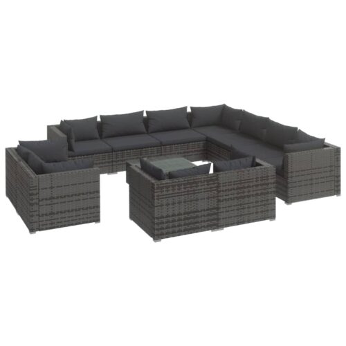 12-Piece Garden Lounge Set with Cushions Grey Poly Rattan Wicker Outdoor Patio Furniture