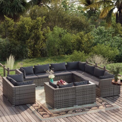 12-Piece Garden Lounge Set with Cushions Grey Poly Rattan Wicker Outdoor Patio Furniture - Image 2