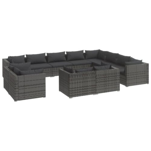 12-Piece Garden Lounge Set with Cushions Grey Poly Rattan Wicker Outdoor Patio Furniture