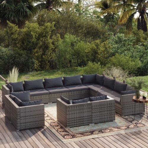 12-Piece Garden Lounge Set with Cushions Grey Poly Rattan Wicker Outdoor Patio Furniture - Image 2