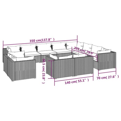 12-Piece Garden Lounge Set with Cushions Grey Poly Rattan Wicker Outdoor Patio Furniture - Image 7
