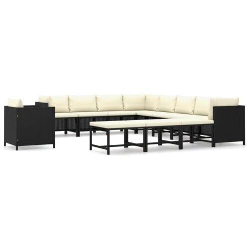 12-Piece Garden Lounge Set with Cushions Poly Rattan Wicker Outdoor Patio Furniture Black