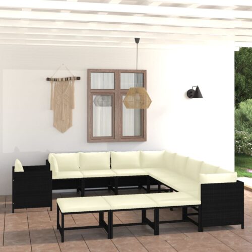 12-Piece Garden Lounge Set with Cushions Poly Rattan Wicker Outdoor Patio Furniture Black - Image 2