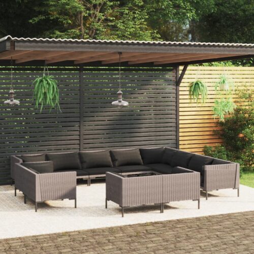 12-Piece Garden Lounge Set with Cushions Poly Rattan Wicker Outdoor Patio Furniture Dark Grey - Image 2