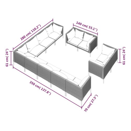 12-Piece Garden Lounge Set with Cushions Poly Rattan Wicker Outdoor Patio Furniture Dark Grey - Image 7