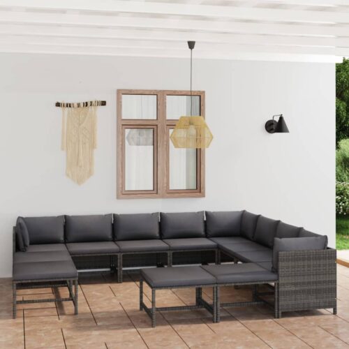 12-Piece Garden Lounge Set with Cushions Poly Rattan Wicker Outdoor Patio Furniture Grey - Image 2