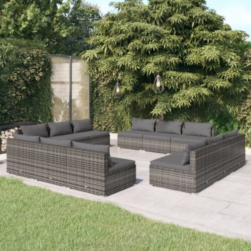 12-Piece Garden Lounge Set with Cushions Poly Rattan Wicker Outdoor Patio Furniture Grey - Image 2