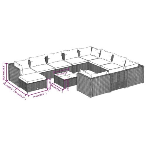 12-Piece Garden Lounge Set with Cushions Poly Rattan Wicker Outdoor Patio Furniture Grey - Image 11