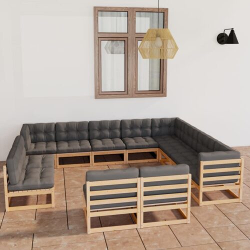 12-Piece Garden Lounge Set with Cushions Pine Wood Outdoor Patio Furniture - Image 2