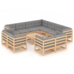 12-Piece Garden Lounge Set with Cushions Pine Wood Outdoor Patio Furniture