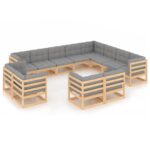 12-Piece Garden Lounge Set with Cushions Pine Wood Outdoor Patio Furniture