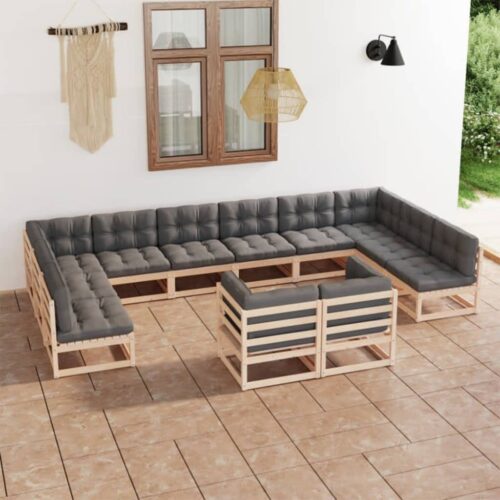 12-Piece Garden Lounge Set with Cushions Pine Wood Outdoor Patio Furniture - Image 2