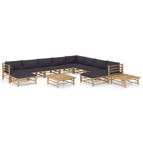 12-Piece Garden Lounge Set with Dark Grey Cushions Bamboo Outdoor Patio Furniture - Image 2