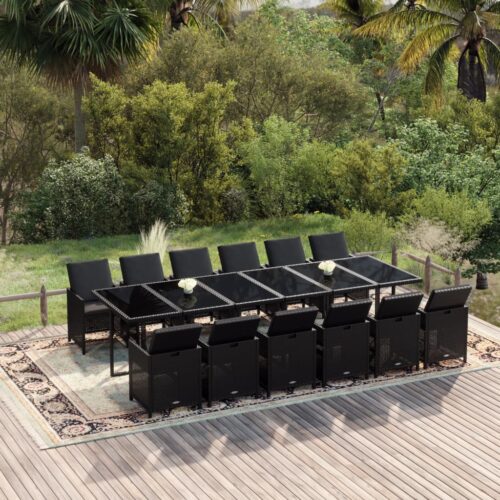 13-Piece Garden Dining Set with Cushions Poly Rattan Wicker Outdoor Patio Furniture Black - Image 2