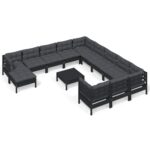 13-Piece Garden Lounge Set with Cushions Black Pine Wood Outdoor Patio Furniture