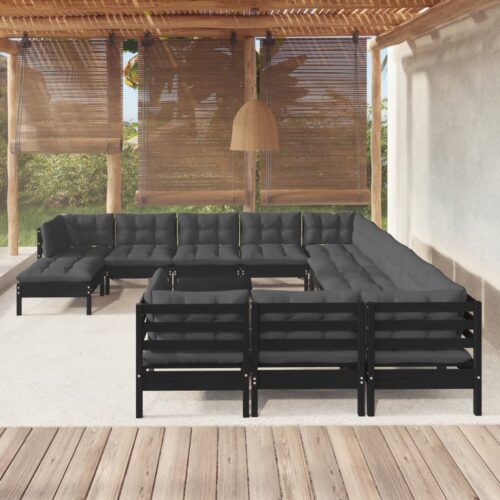 13-Piece Garden Lounge Set with Cushions Black Pine Wood Outdoor Patio Furniture - Image 2