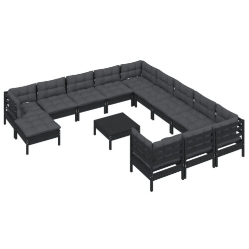 13-Piece Garden Lounge Set with Cushions Black Pine Wood Outdoor Patio Furniture - Image 3