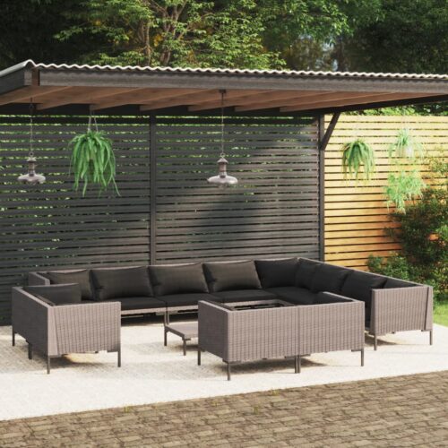 13-Piece Garden Lounge Set with Cushions Poly Rattan Wicker Outdoor Patio Furniture Dark Grey - Image 2