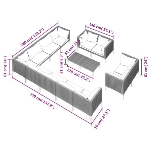 13-Piece Garden Lounge Set with Cushions Poly Rattan Wicker Outdoor Patio Furniture Dark Grey - Image 9