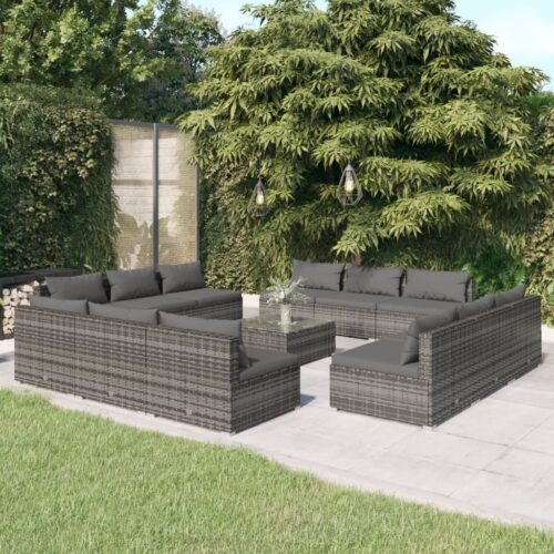 13-Piece Garden Lounge Set with Cushions Poly Rattan Wicker Outdoor Patio Furniture Grey - Image 2