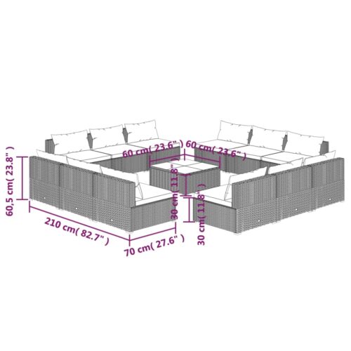 13-Piece Garden Lounge Set with Cushions Poly Rattan Wicker Outdoor Patio Furniture Grey - Image 7