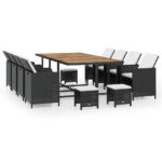 13-Piece Outdoor Dining Set Poly Rattan Wicker Outdoor Patio Furniture Acacia Wood Black