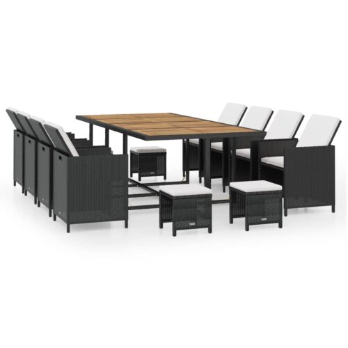 13-Piece Outdoor Dining Set Poly Rattan Wicker Outdoor Patio Furniture Acacia Wood Black