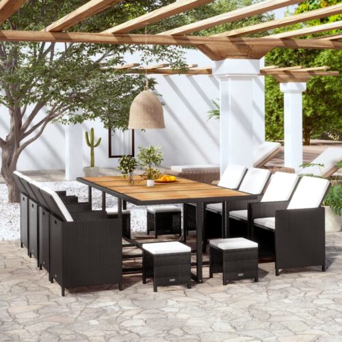 13-Piece Outdoor Dining Set Poly Rattan Wicker Outdoor Patio Furniture Acacia Wood Black - Image 2