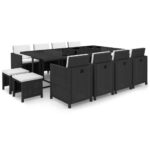 13-Piece Outdoor Dining Set with Cushions Poly Rattan Wicker Outdoor Patio Furniture Black