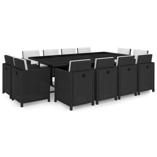 13-Piece Outdoor Dining Set with Cushions Poly Rattan Wicker Outdoor Patio Furniture Black