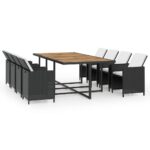 13-Piece Outdoor Dining Set with Cushions Poly Rattan Wicker Outdoor Patio Furniture Black