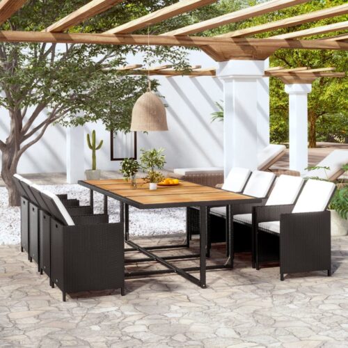13-Piece Outdoor Dining Set with Cushions Poly Rattan Wicker Outdoor Patio Furniture Black - Image 2
