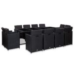 13-Piece Outdoor Dining Set with Cushions Poly Rattan Wicker Outdoor Patio Furniture Black