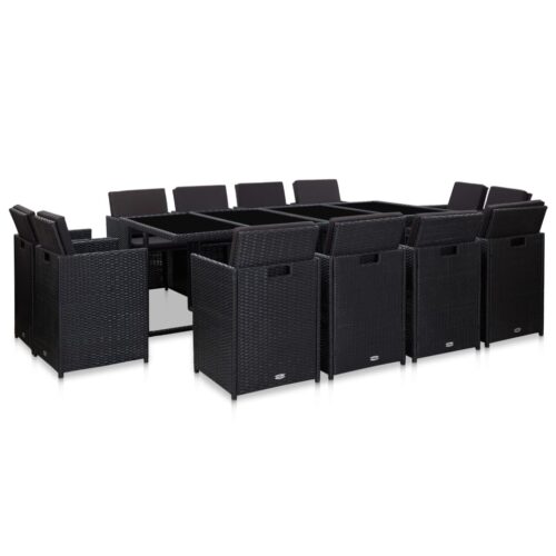 13-Piece Outdoor Dining Set with Cushions Poly Rattan Wicker Outdoor Patio Furniture Black