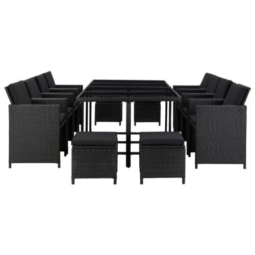 13-Piece Outdoor Dining Set with Cushions Poly Rattan Wicker Outdoor Patio Furniture Black - Image 2