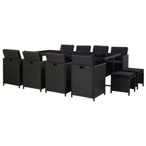 13-Piece Outdoor Dining Set with Cushions Poly Rattan Wicker Outdoor Patio Furniture Black