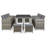 13-Piece Outdoor Dining Set with Cushions Poly Rattan Wicker Outdoor Patio Furniture Grey